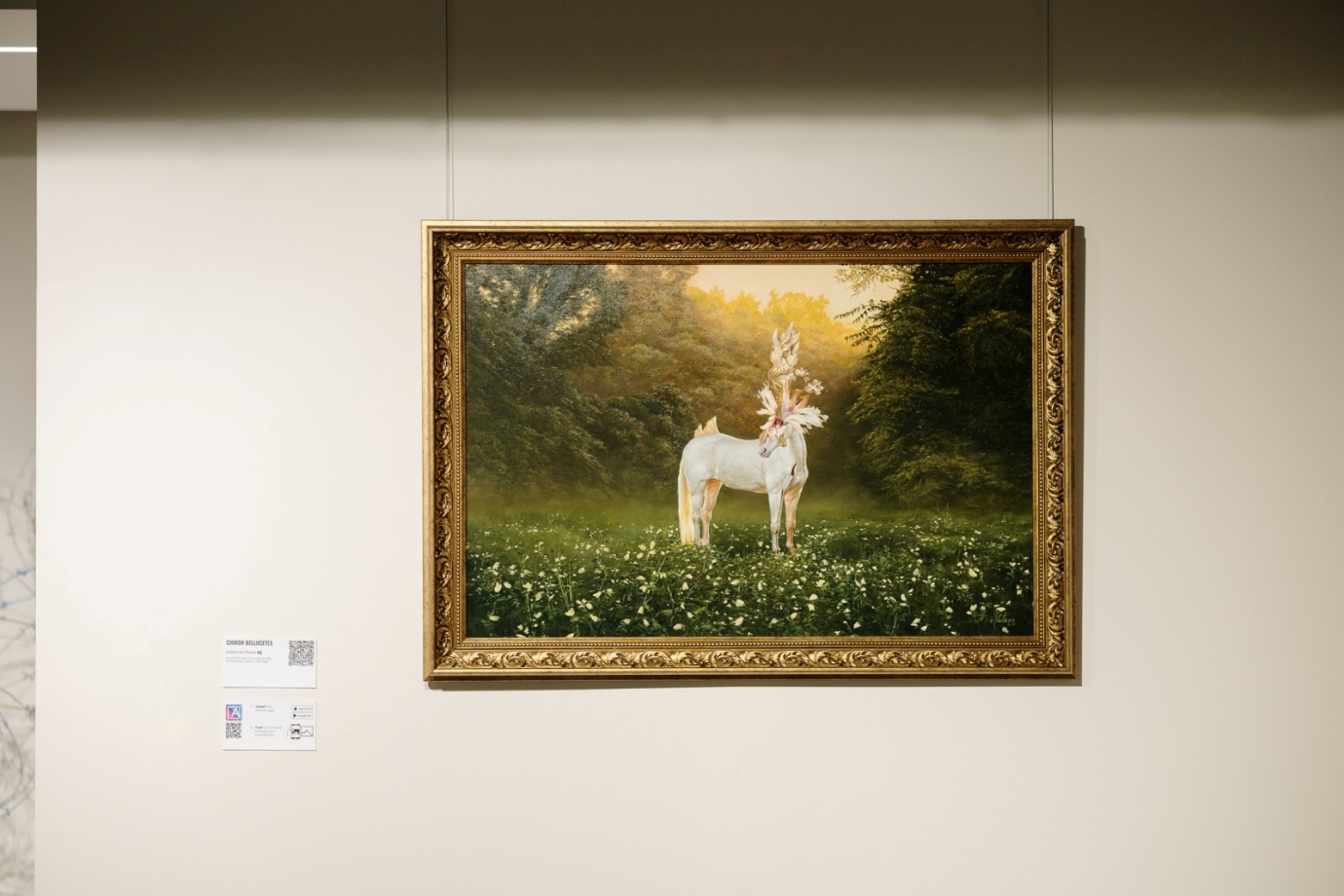 A painting of a unicorn in a frame on a wall

Description automatically generated