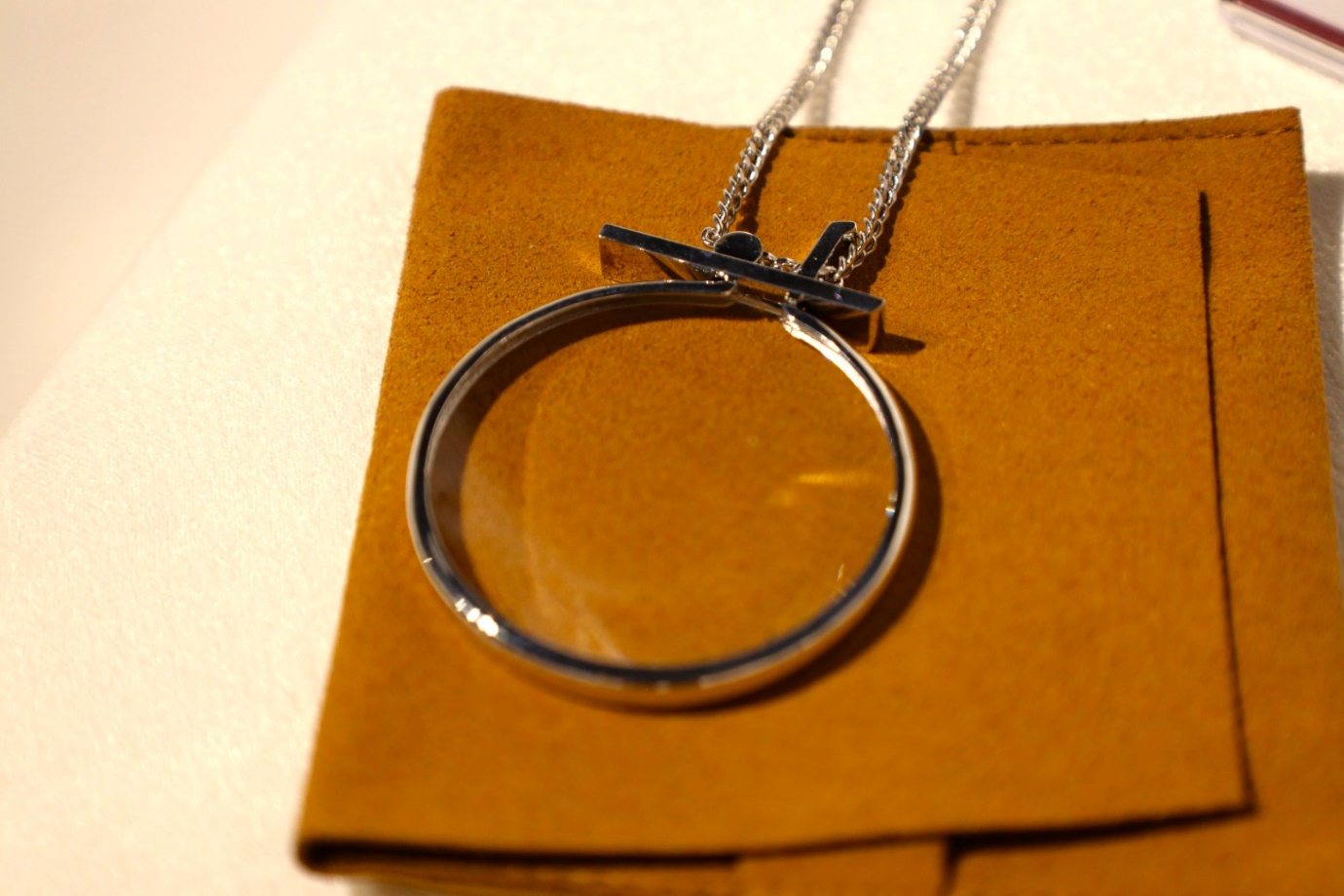 A round silver necklace on a chain

Description automatically generated